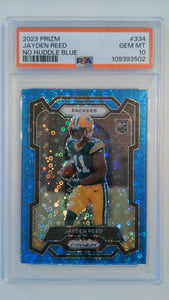 2023 Prizm No Huddle Blue 55/95 Jayden Reed #334 RC PSA 10