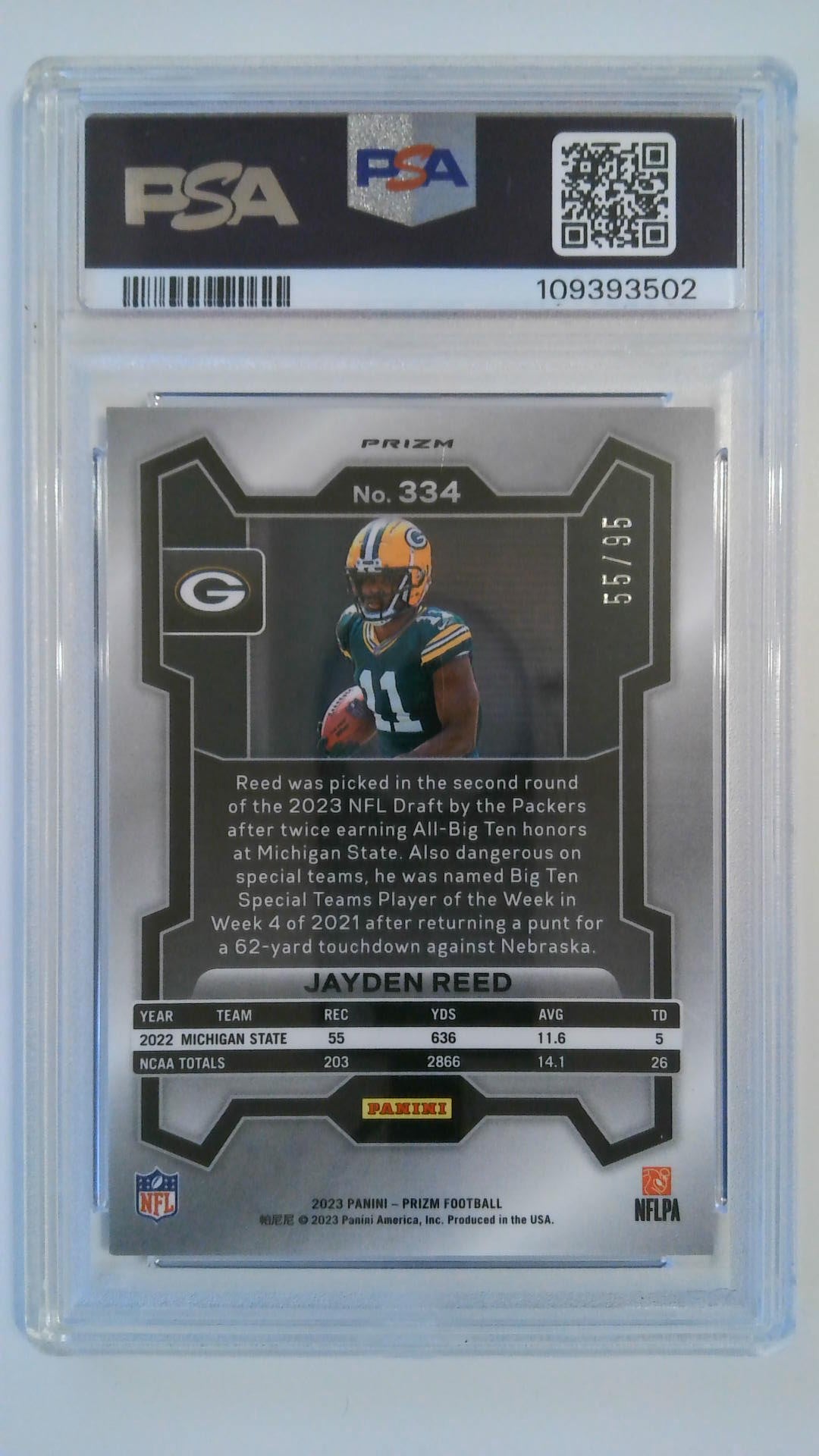 2023 Prizm No Huddle Blue 55/95 Jayden Reed #334 RC PSA 10