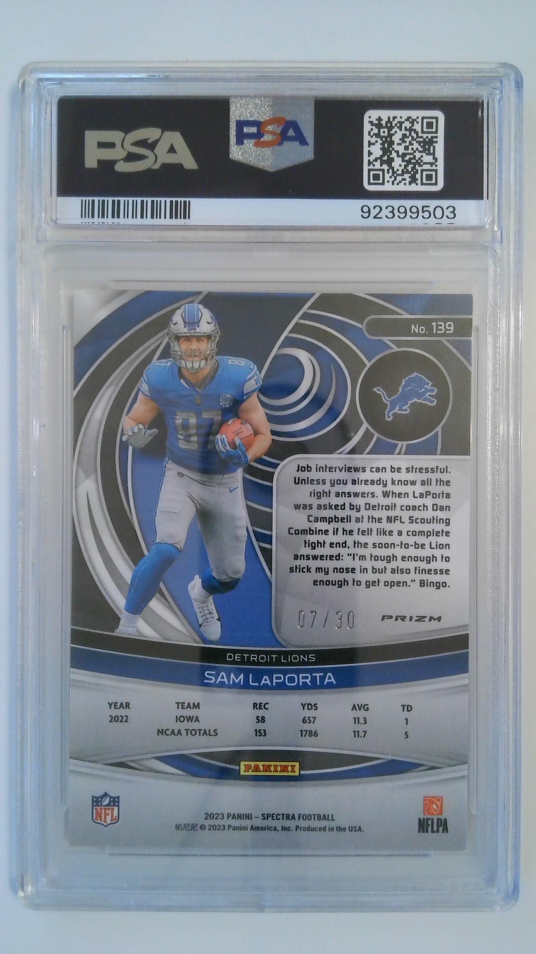 2023 Spectra Spectris 07/30 Sam LaPorta #139 RC PSA 9
