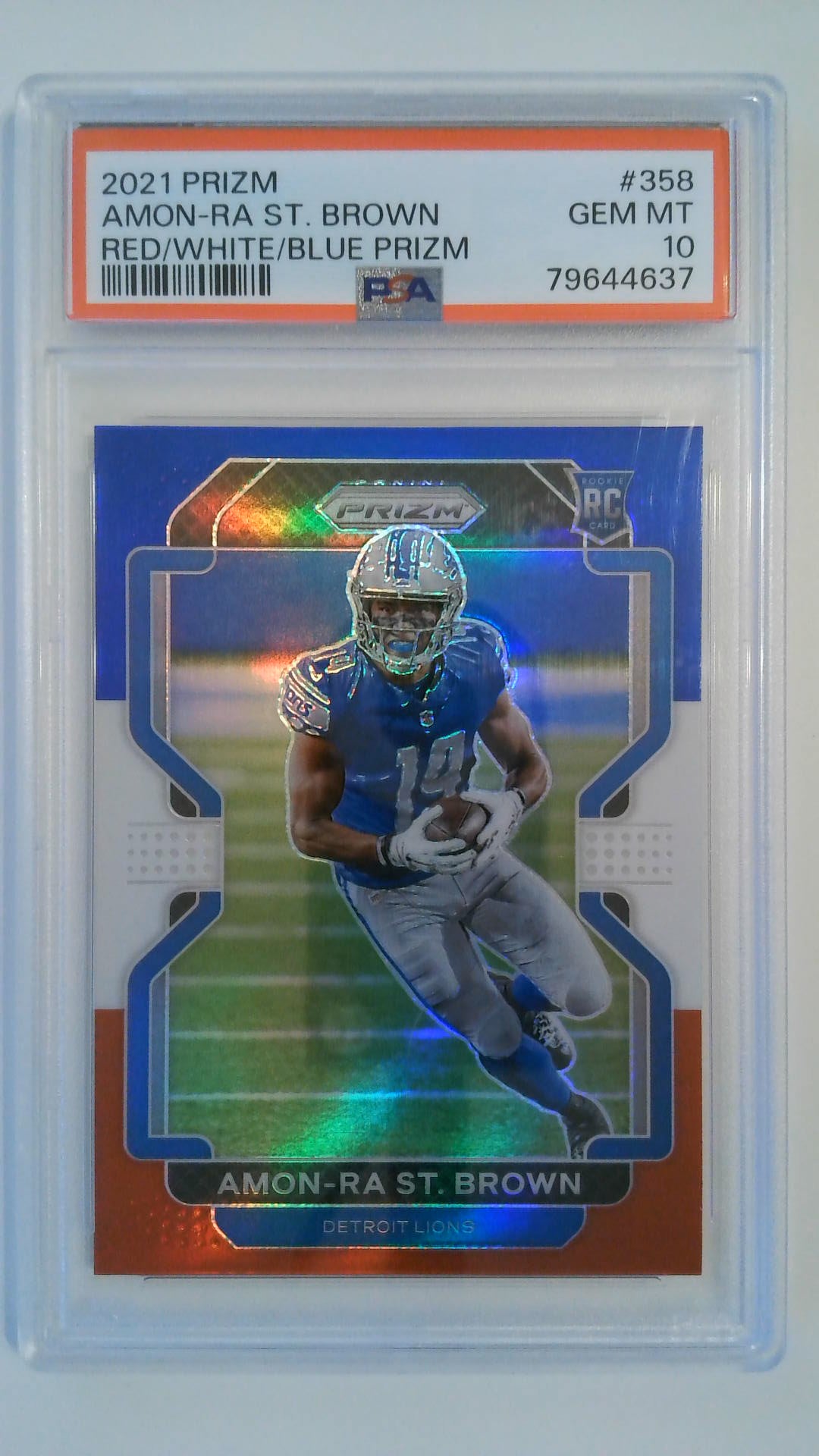 2021 Prizm Red/White/Blue Prizm Amon-Ra St. Brown #358 RC PSA 10