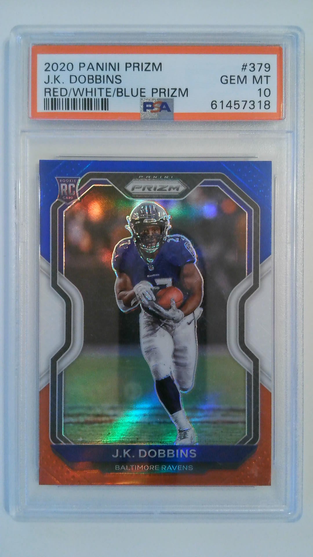 2020 Panini Prizm Red/White/Blue Prizm J.K. Dobbins #379 RC PSA 10