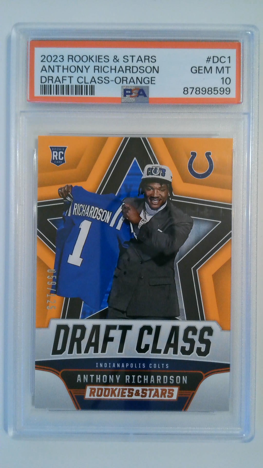 2023 Rookies & Stars Draft Class-Orange 059/125 Anthony Richardson #DC1 RC PSA 10