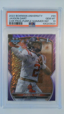 2022 Bowman University Chrome Prospect Purple Shimmer Refractor Jaxson Dart #94 PSA 10