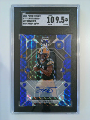 2023 Panini Mosaic Autographed Blue Prizm 28/99 Jayden Reed #333 RC SGC 10/9.5