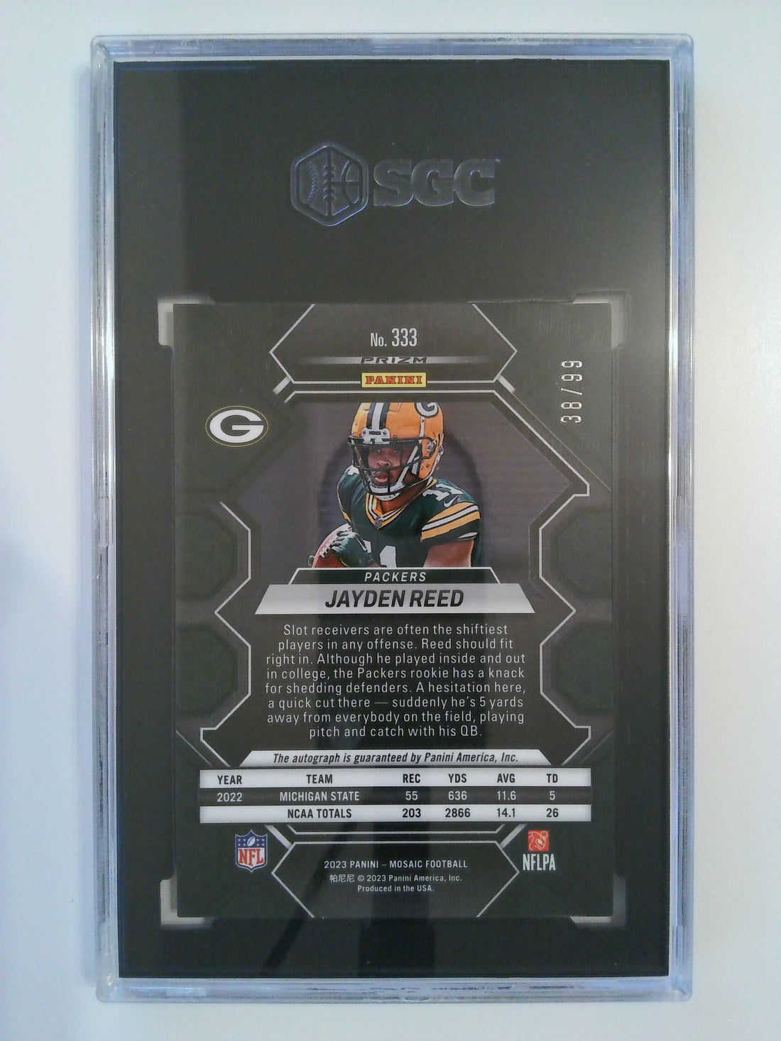 2023 Panini Mosaic Autographed Blue Prizm 28/99 Jayden Reed #333 RC SGC 10/9.5