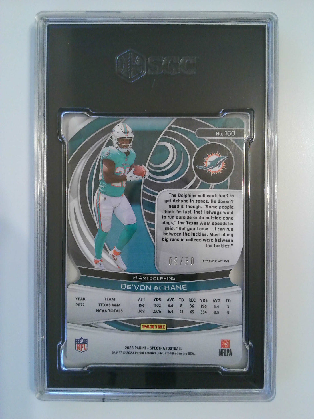2023 Panini Spectra  Neon Blue Die-Cut Prizm 9/50 De'Von Achane #160 RC SGC 10