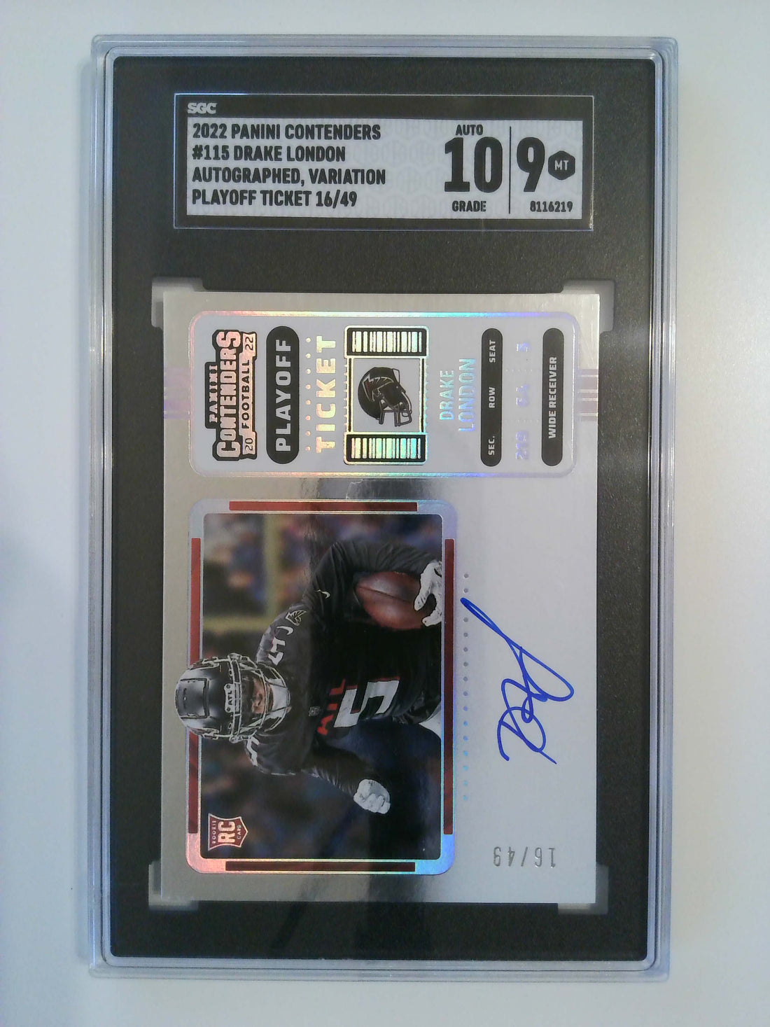 2022 Panini Contenders Autogrpahed Variation Playoff Ticket 16/49 Drake London #115 RC SGC 10/9