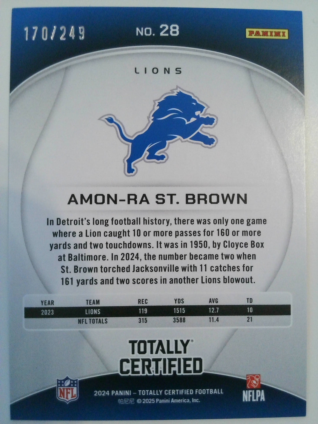2024 Panini Totally Certified Mirror Red 170/249 Amon-Ra St. Brown #28