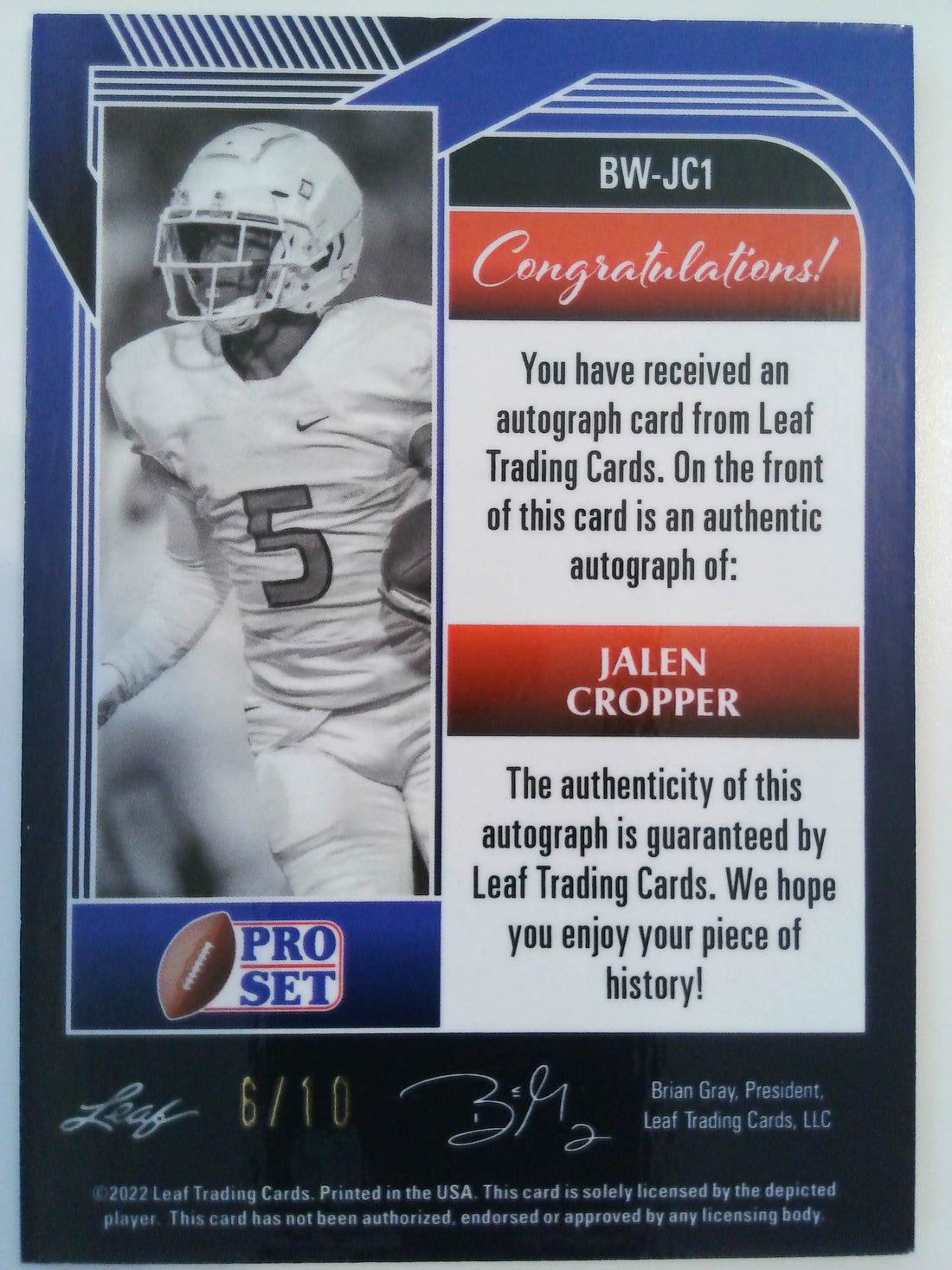 2022 Leaf Metal Pro Set Purple Autograph 6/10 Jalen Cropper #BW-JC1