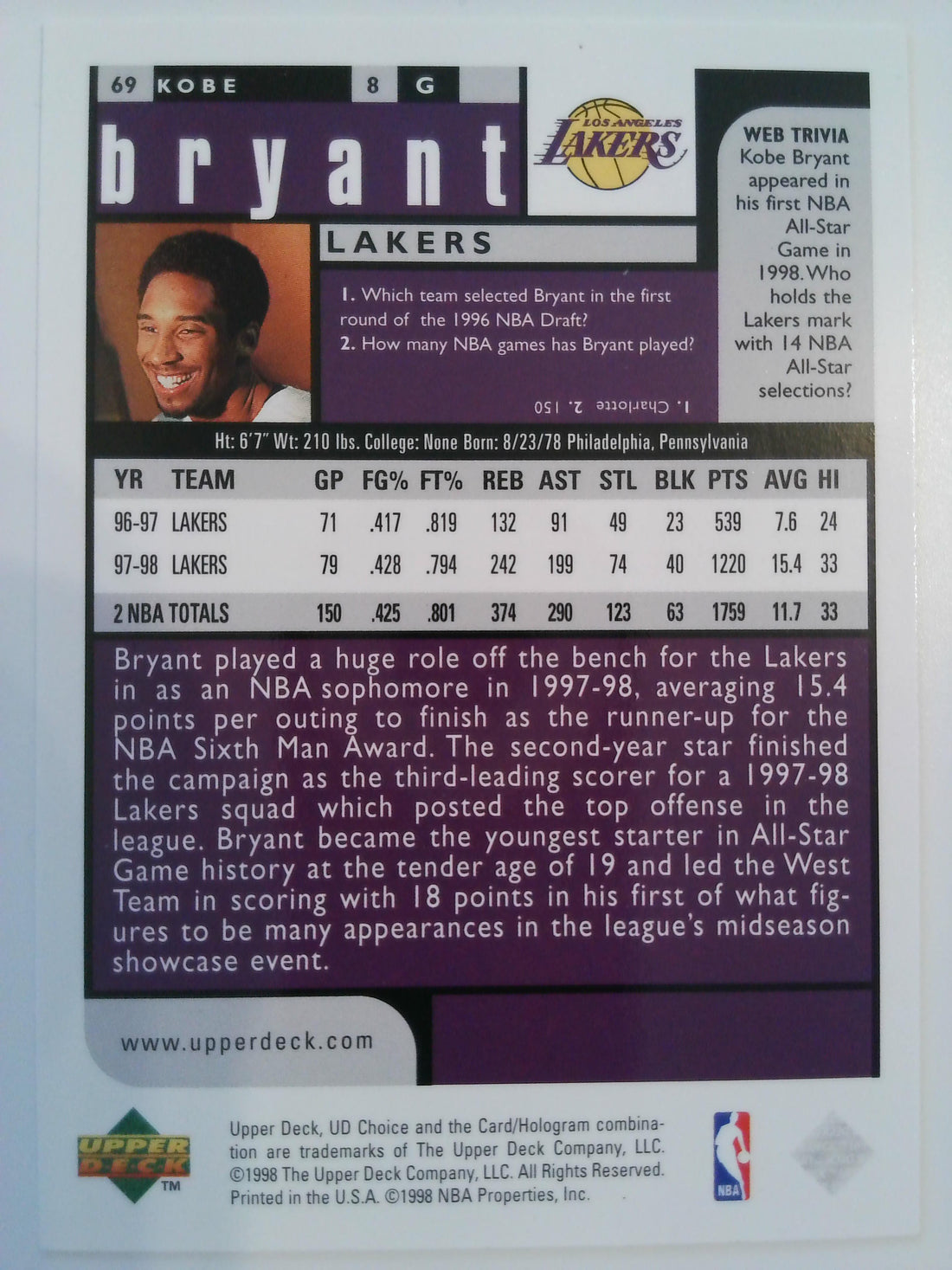 1999-00 Upper Deck Choice Kobe Bryant #69