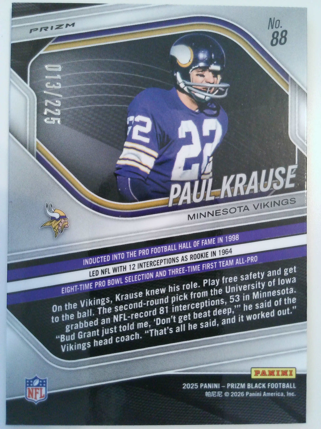 2025 Panini Prizm Black Prizm Football 013/225 Paul Krause #88