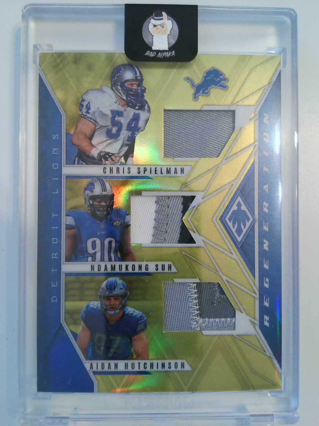 2022 Panini Phoenix Regeneration Materials Yellow 11/35 Chris Spielman / Ndamukong Suh / Aidan Hutchinson #REGEN-9
