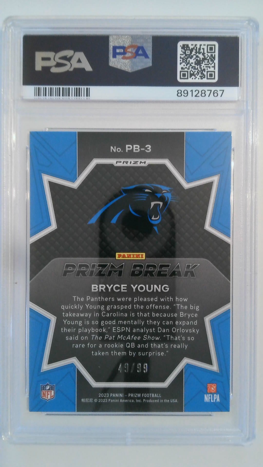 2023 Prizm Break-Blue Ice 49/99 Bryce Young #PB3 PSA 9