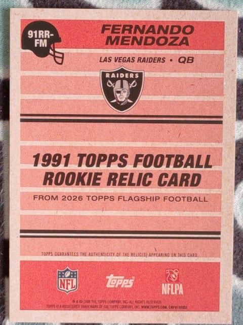 2026 Topps NFL 1991 Football Rookie Relic Card Fernando Mendoza #91RR-FM RC