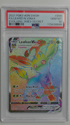 2021 Pokemon SWSH Evolving Skies Secret FA/Leafeon VMAX #204 PSA 10