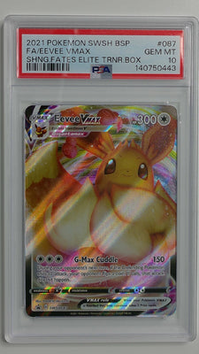 2021 Pokemon SWSH BSP SHNG. Fates Elite TRNR.BOX FA/EEVEE VMAX #087 PSA 10