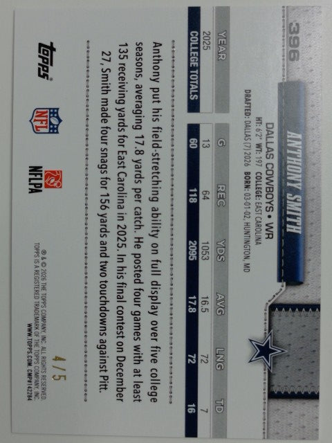 2026 Topps NFL Red Sandglitter 4/5 Anthony Smith #396 RC