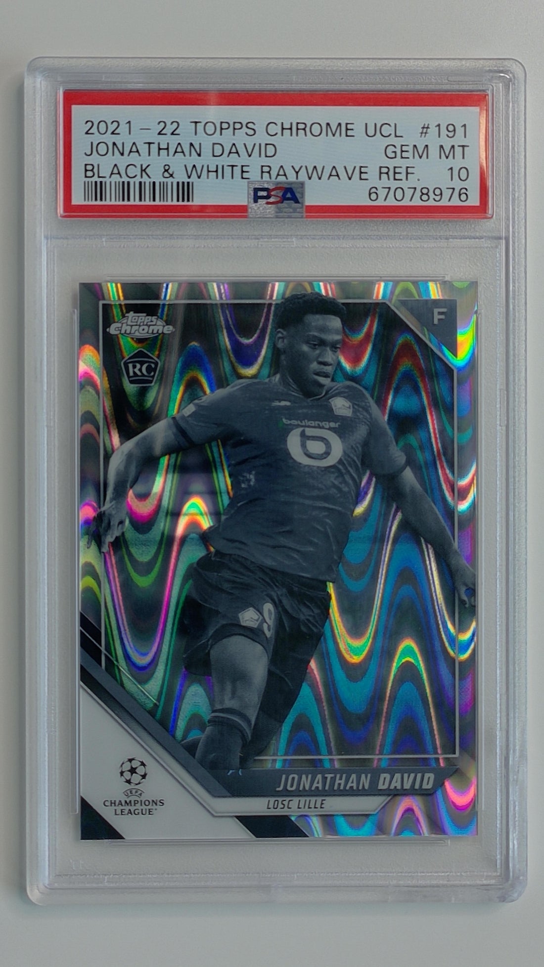 2021-22 Topps Chrome UCL Black & White Raywave Refractor Jonathan David #191 RC PSA 10