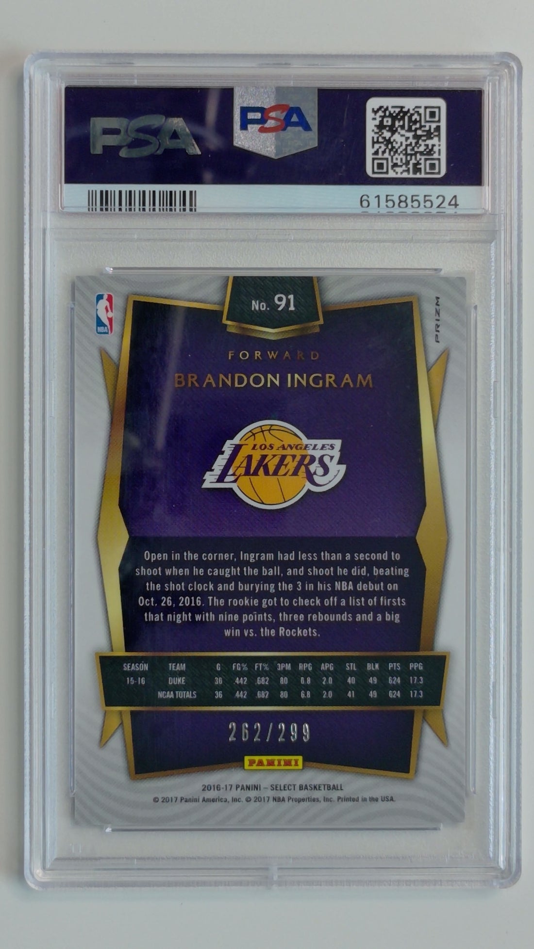 2016 Panini Select Blue Prizm 262/299  Brandon Ingram #91 RC PSA 9