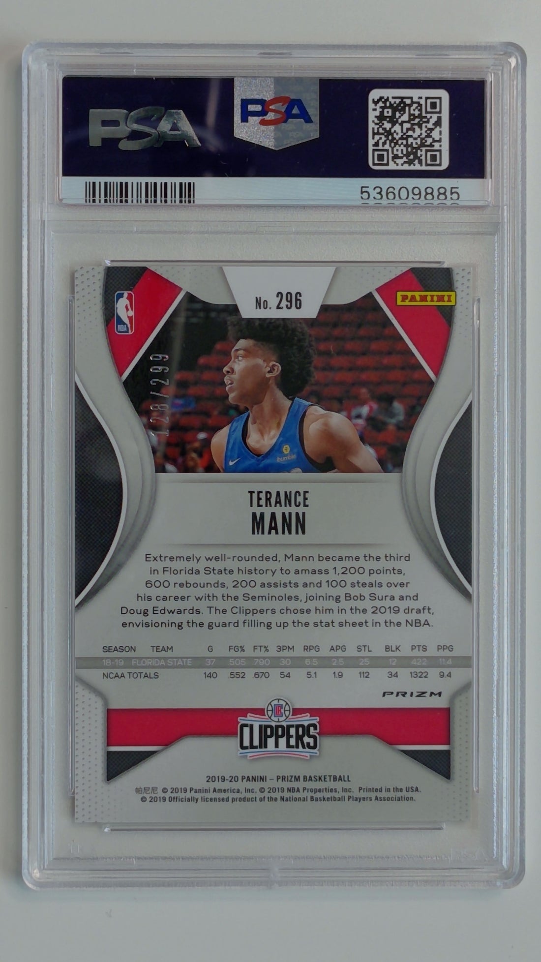 2019 Panini Prizm Red Prizm 128/299 Terance Mann #296 RC PSA 10